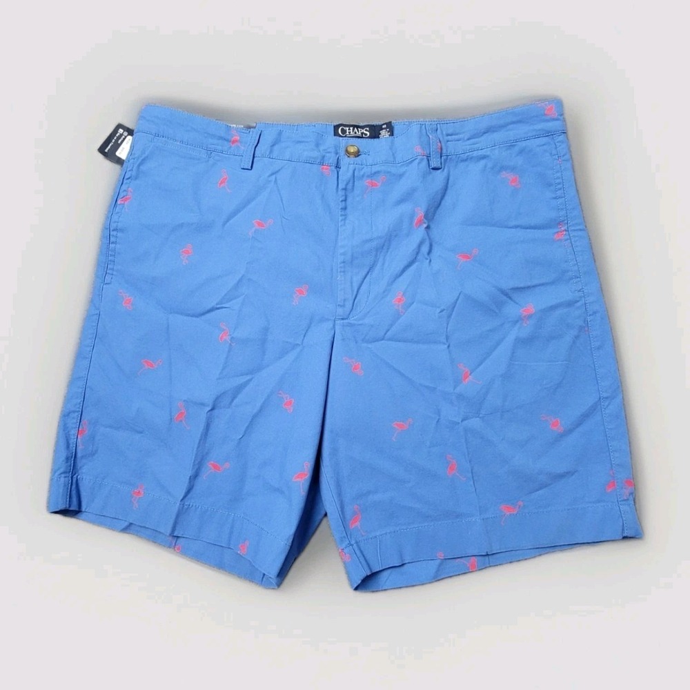Chaps Men's Flat Front Stretch Shorts Blue Flamingo Print Size 40 NWT